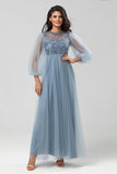 A Line Jewel Neck Grey Blue Long Bridesmaid Dress with Long Sleeves