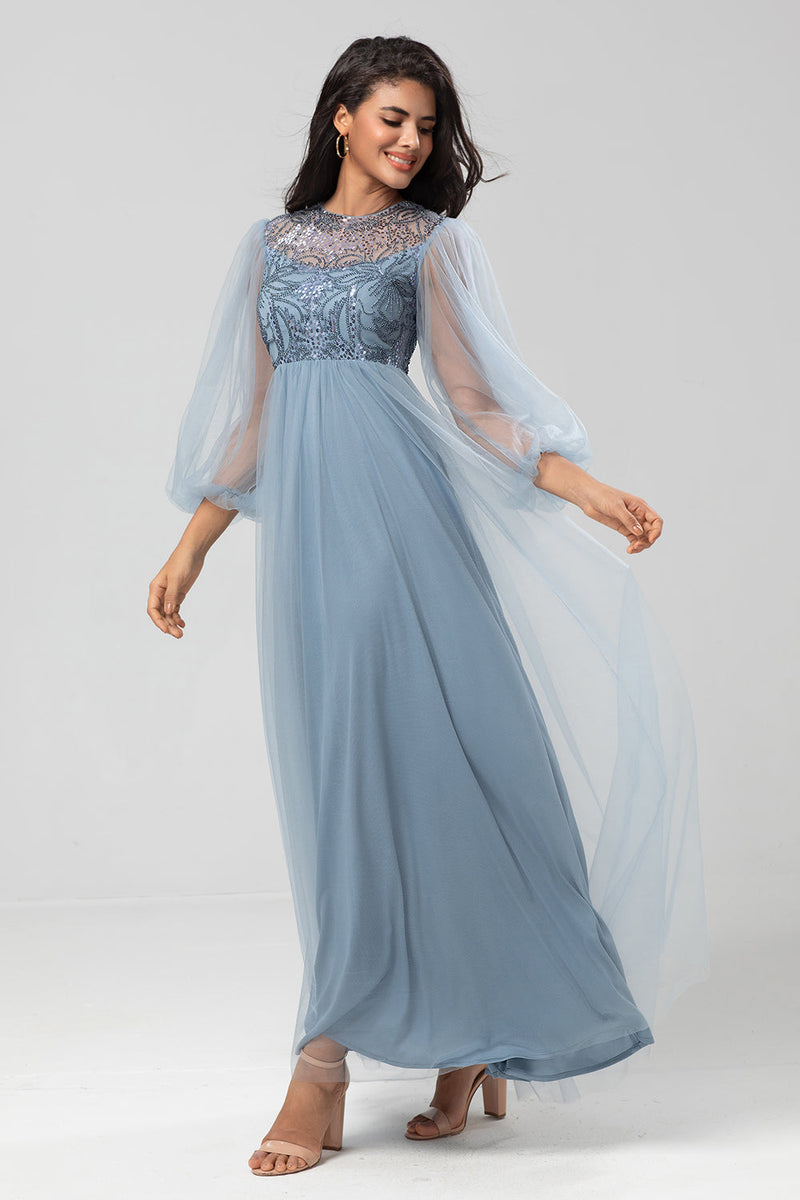 Load image into Gallery viewer, A Line Jewel Neck Grey Blue Long Bridesmaid Dress with Long Sleeves