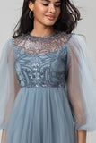 A Line Jewel Neck Grey Blue Long Bridesmaid Dress with Long Sleeves