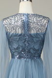 A Line Grey Blue Sequin Long Sleeves Bridesmaid Dress