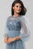 Load image into Gallery viewer, A Line Jewel Neck Grey Blue Long Bridesmaid Dress with Long Sleeves