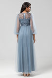 A Line Jewel Neck Grey Blue Long Bridesmaid Dress with Long Sleeves