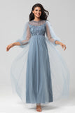 A Line Jewel Neck Grey Blue Long Bridesmaid Dress with Long Sleeves