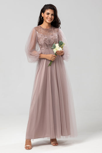 A Line Jewel Neck Grey Blue Long Bridesmaid Dress with Long Sleeves