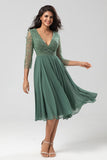 A Line V-Neck Eucalyptus Bridesmaid Dress with Long Sleeves