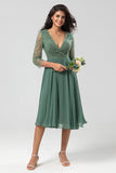 A Line V-Neck Eucalyptus Bridesmaid Dress with Long Sleeves