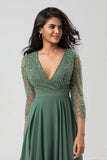 A Line V-Neck Eucalyptus Bridesmaid Dress with Long Sleeves