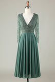 A Line V-Neck Eucalyptus Bridesmaid Dress with Long Sleeves