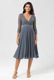 A Line V-Neck Eucalyptus Bridesmaid Dress with Long Sleeves