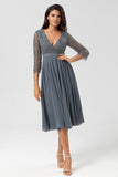 A Line V-Neck Eucalyptus Bridesmaid Dress with Long Sleeves