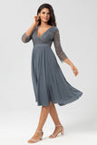 A Line V-Neck Eucalyptus Bridesmaid Dress with Long Sleeves