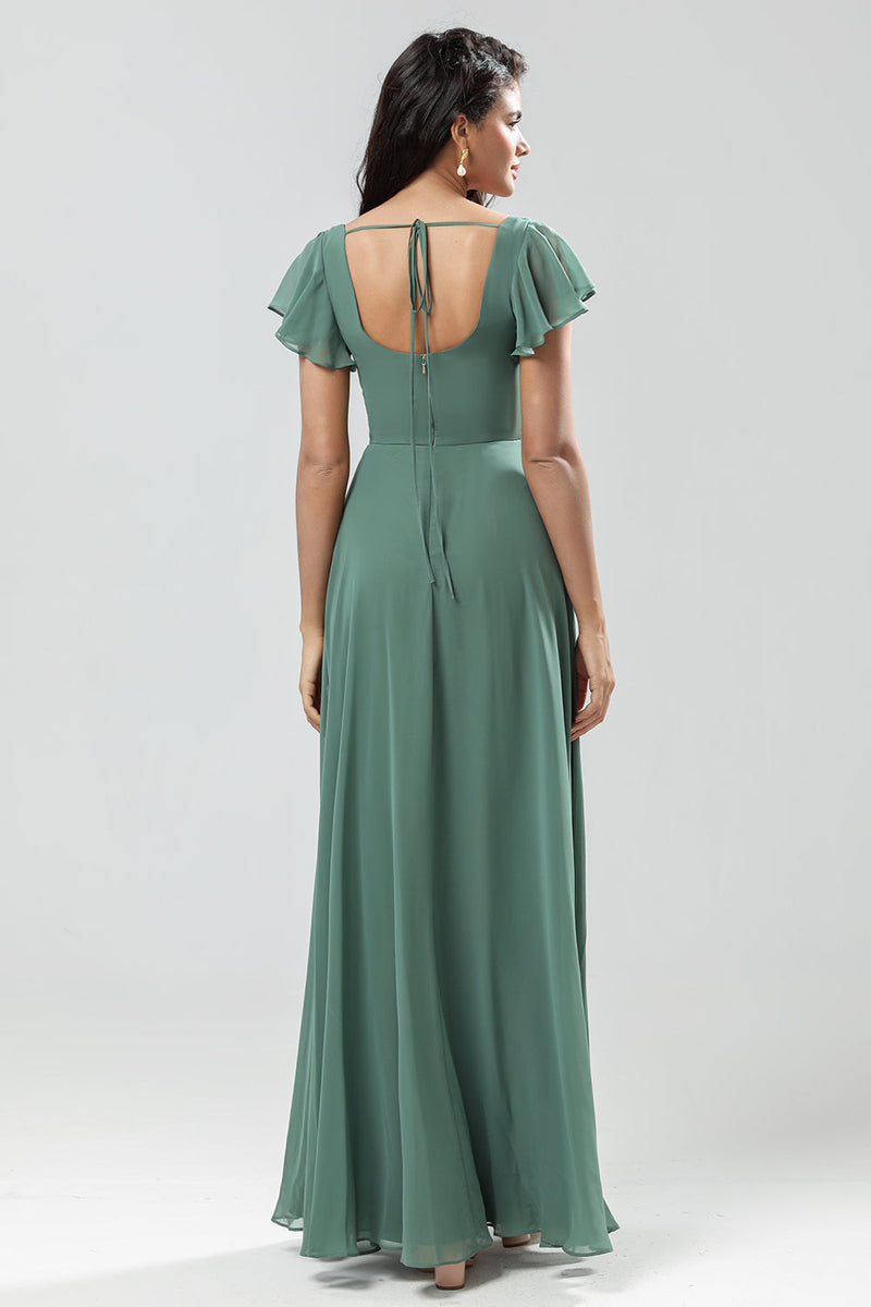 Load image into Gallery viewer, A-Line Green Long Bridesmaid Dress with Ruffles