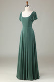 A-Line Eucalyptus Long Bridesmaid Dress with Ruffles