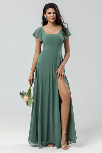 A-Line Green Long Bridesmaid Dress with Ruffles