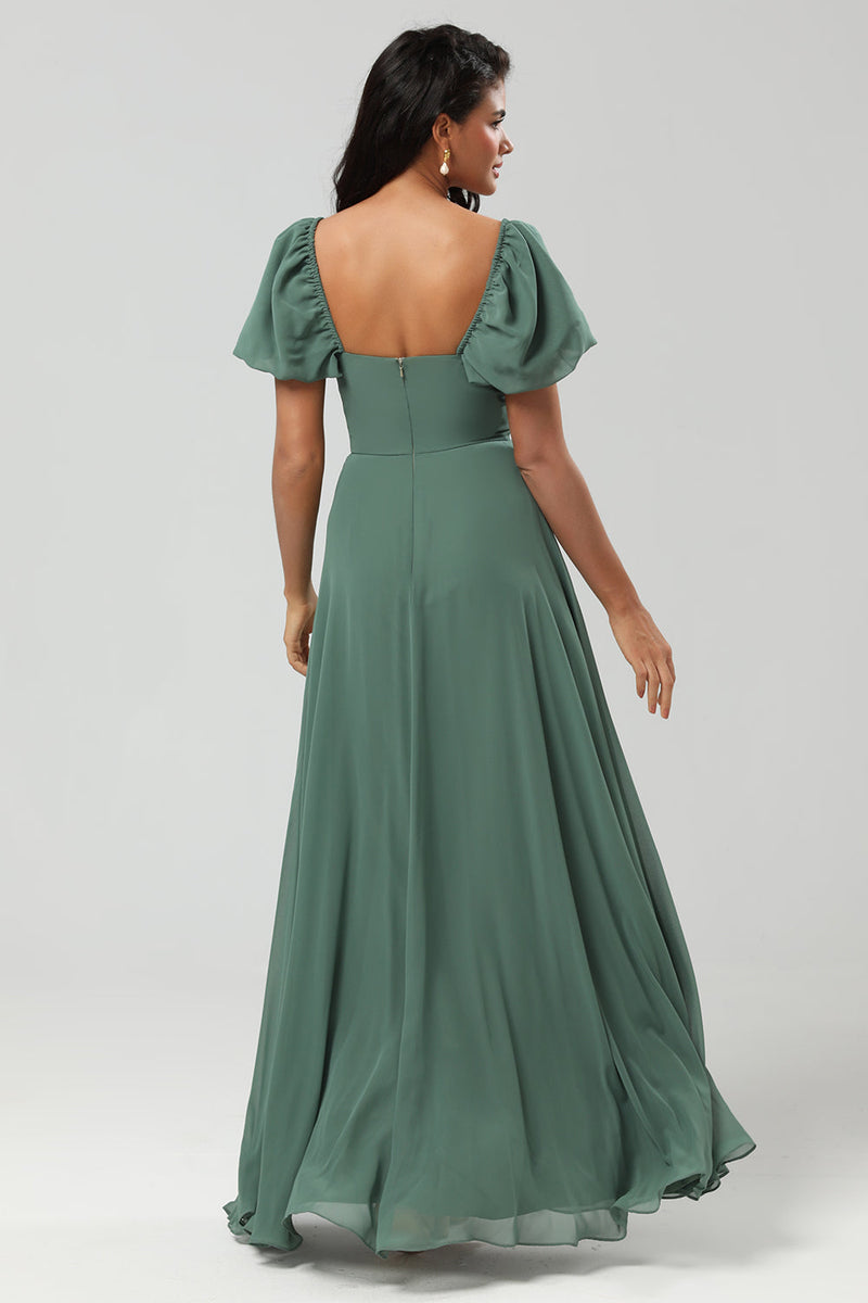 Load image into Gallery viewer, Chiffon Puff Sleeves A Line Green Bridesmaid Dress