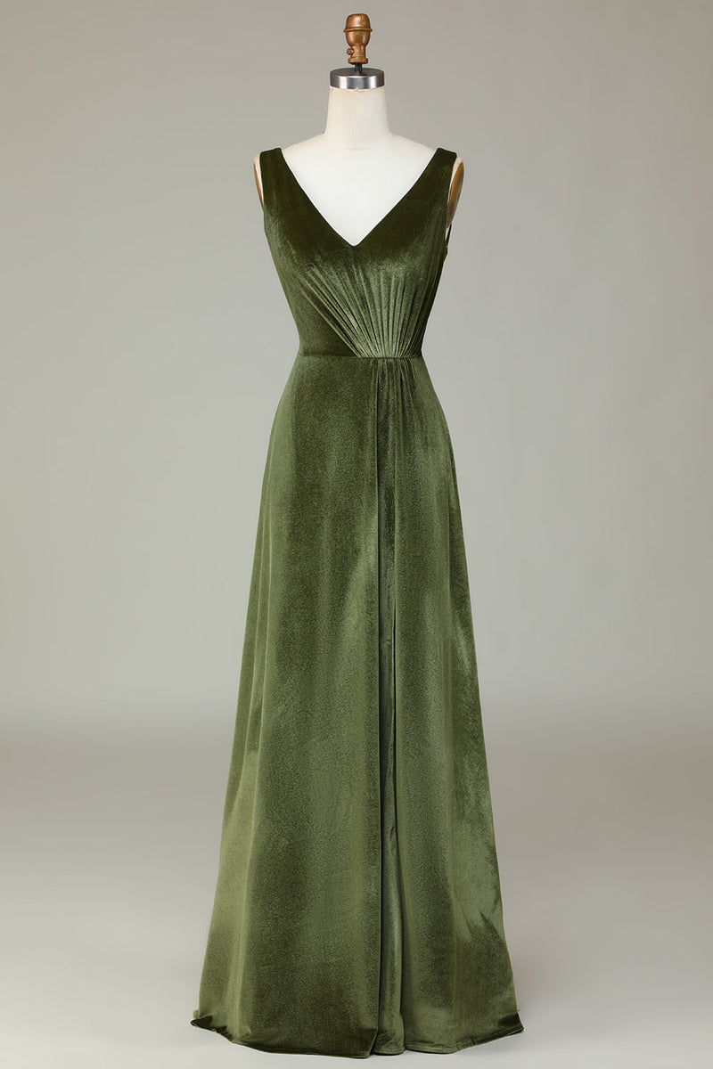 Load image into Gallery viewer, V-Neck Sleeveless Olive Velvet Bridesmaid Dress