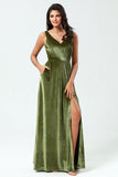 V-Neck Sleeveless A Line Olive Velvet Bridesmaid Dress with Slit