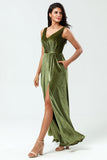 V-Neck Sleeveless A Line Olive Velvet Bridesmaid Dress with Slit