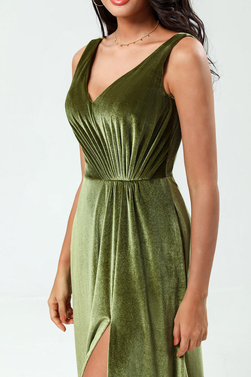 Load image into Gallery viewer, V-Neck Sleeveless A Line Olive Velvet Bridesmaid Dress with Slit