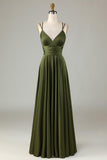 A Line Spaghetti Straps Olive Long Bridesmaid Dress with Ruffles