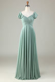 Lace-Up Back Matcha Bridesmaid Dress with Ruffles