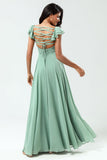 Lace-Up Back A Line Chiffon Green Bridesmaid Dress with Ruffles