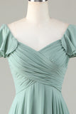 Lace-Up Back Matcha Bridesmaid Dress with Ruffles