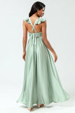 Deep V-Neck A Line Green Long Bridesmaid Dress with Ruffles