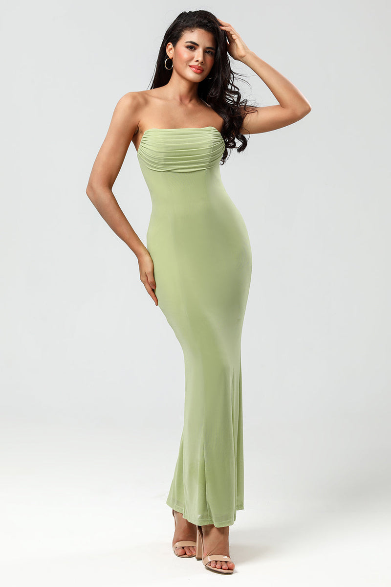 Load image into Gallery viewer, Strapless Mermaid Lemon Green Long Bridesmaid Dress