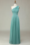 A-Line One Shoulder Sea Glass Long Bridesmaid Dress