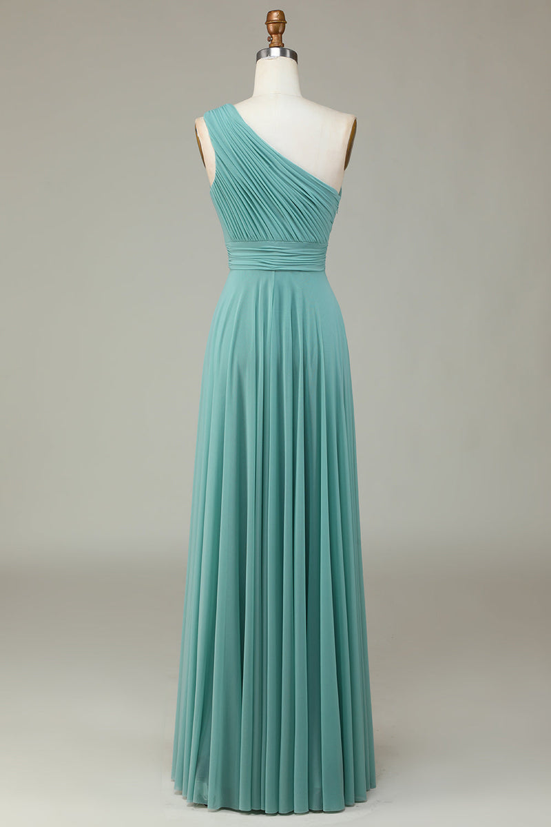 Load image into Gallery viewer, A-Line One Shoulder Sea Glass Long Bridesmaid Dress