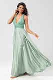 A Line V-Neck Matcha Long Bridesmaid Dress with Beading