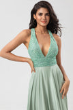 A Line V-Neck Matcha Long Bridesmaid Dress with Beading