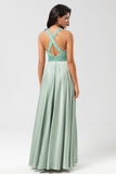 A Line V-Neck Matcha Long Bridesmaid Dress with Beading