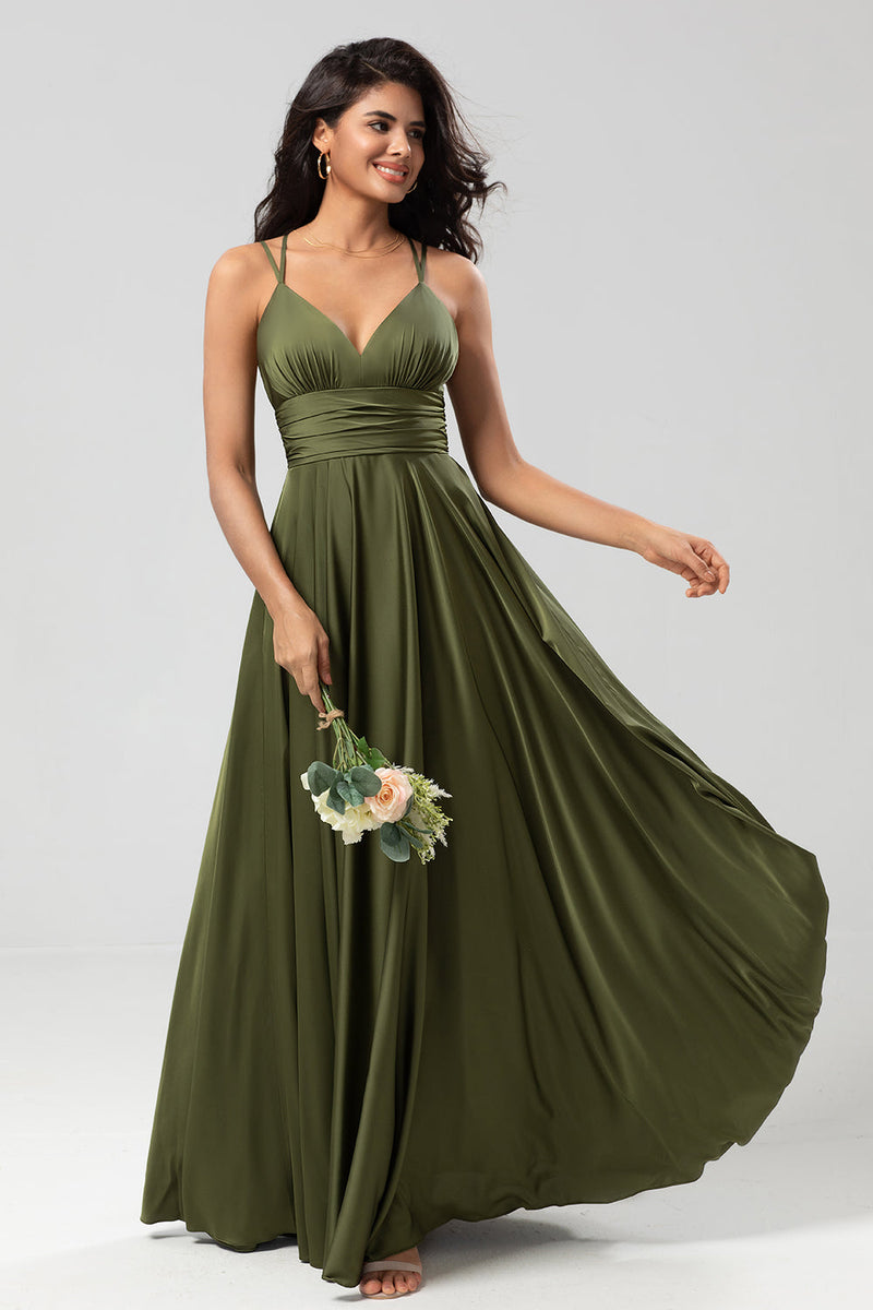 Load image into Gallery viewer, A Line Spaghetti Straps Olive Long Bridesmaid Dress with Ruffles