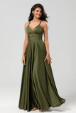 A Line Spaghetti Straps Olive Long Bridesmaid Dress with Ruffles