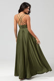 A Line Spaghetti Straps Olive Long Bridesmaid Dress with Ruffles