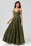 A Line Spaghetti Straps Olive Long Bridesmaid Dress with Ruffles