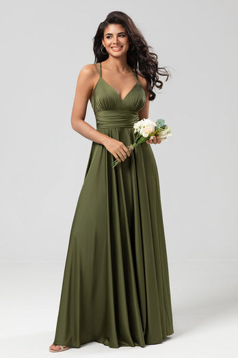 A Line Spaghetti Straps Olive Long Bridesmaid Dress with Ruffles