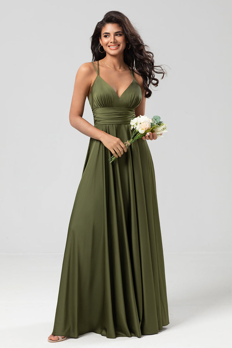 Load image into Gallery viewer, A Line Spaghetti Straps Olive Long Bridesmaid Dress with Ruffles