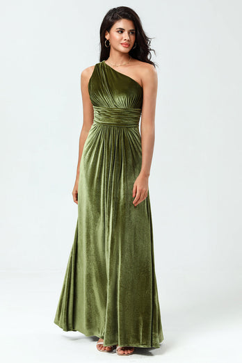 A Line One Shoulder Olive Velvet Long Bridesmaid Dress