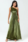 A Line One Shoulder Olive Velvet Long Bridesmaid Dress