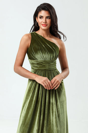 A Line One Shoulder Olive Velvet Long Bridesmaid Dress