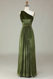 A Line One Shoulder Olive Velvet Long Bridesmaid Dress