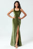 Load image into Gallery viewer, Mermaid Square Neck Olive Long Bridesmaid Dress with Slit