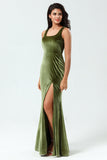 Mermaid Square Neck Olive Long Bridesmaid Dress with Slit