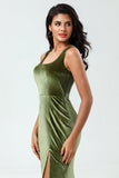 Mermaid Square Neck Olive Long Bridesmaid Dress with Slit