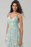 A Line Spaghetti Straps Matcha Long Bridesmaid Dress with Appliques