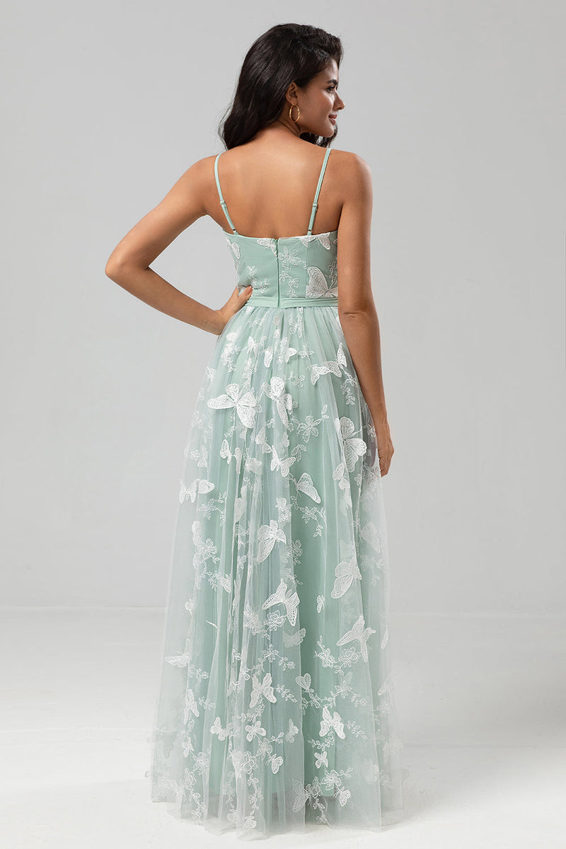 Load image into Gallery viewer, A Line Spaghetti Straps Matcha Long Bridesmaid Dress with Appliques