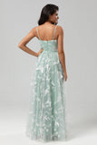 A Line Spaghetti Straps Matcha Long Bridesmaid Dress with Appliques